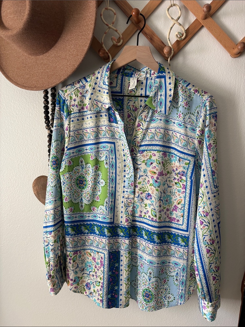 Joie Patchwork Paisley Button-Up Blouse in Blue, Green & Cream